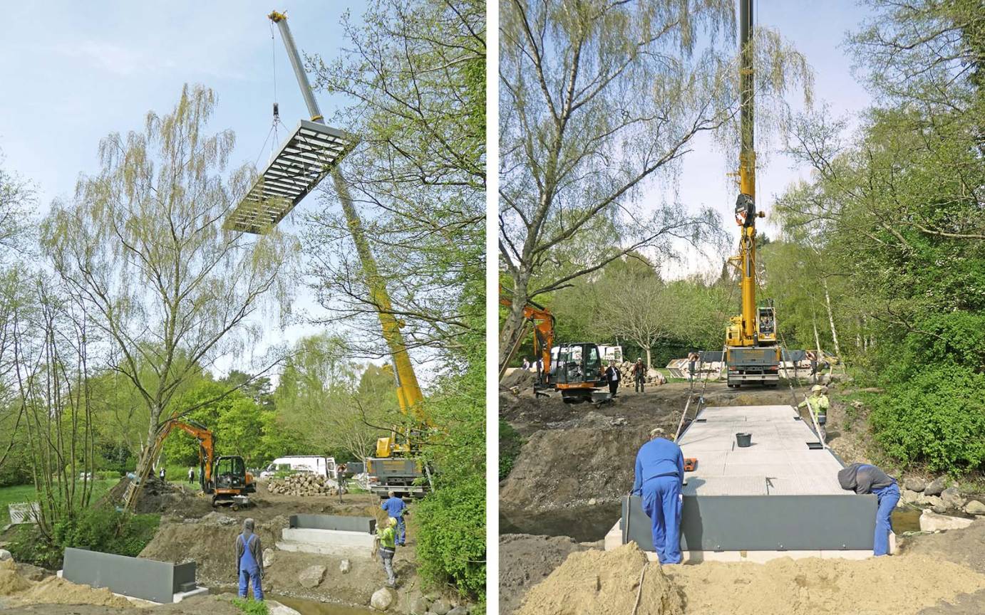Fu&szlig;g&auml;ngerbr&uuml;cke Friedhof &Ouml;jendorf Einpassung Br&uuml;ckenelements