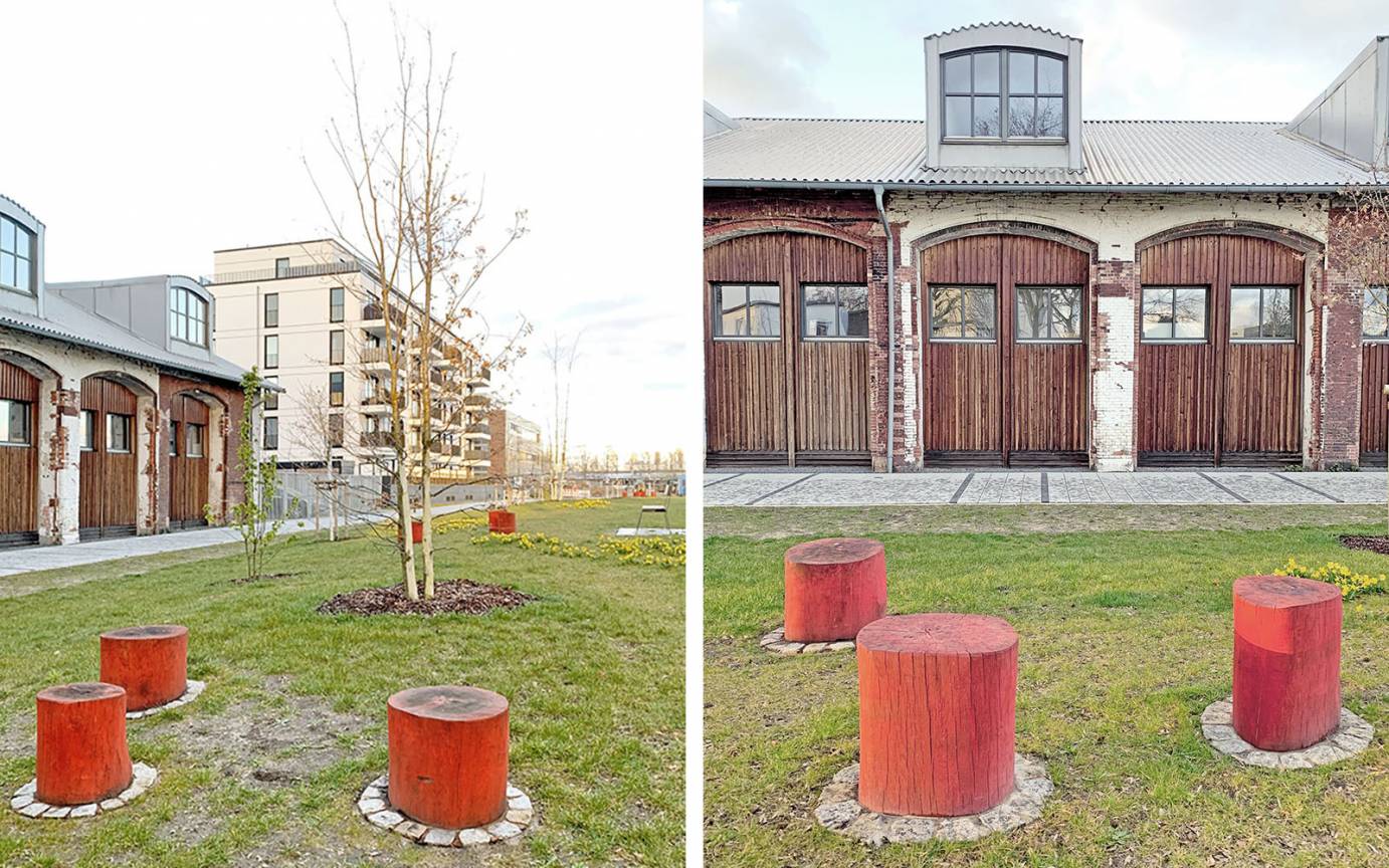 Sitzpoller Hüpfpoller hisotischer Lokschuppen Grünzug Süd Harburger Brücken