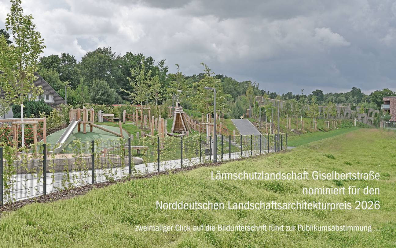 L&auml;rmschutzlandschaft Giselbertstra&szlig;e Blick auf die Spielterrassen mit Hase und Igel