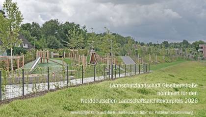 Lärmschutzlandschaft Giselbertstraße Blick auf die Spielterrassen mit Hase und Igel