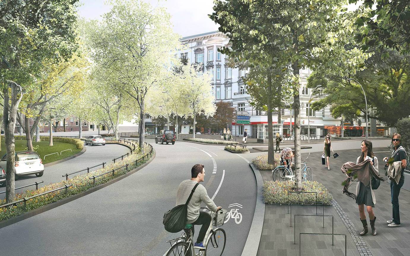 Neugestlatung Klosterstern Verkehrskreisel protected bike lane gesch&uuml;tzte Radfahrstreifen Eppendorfer Baum