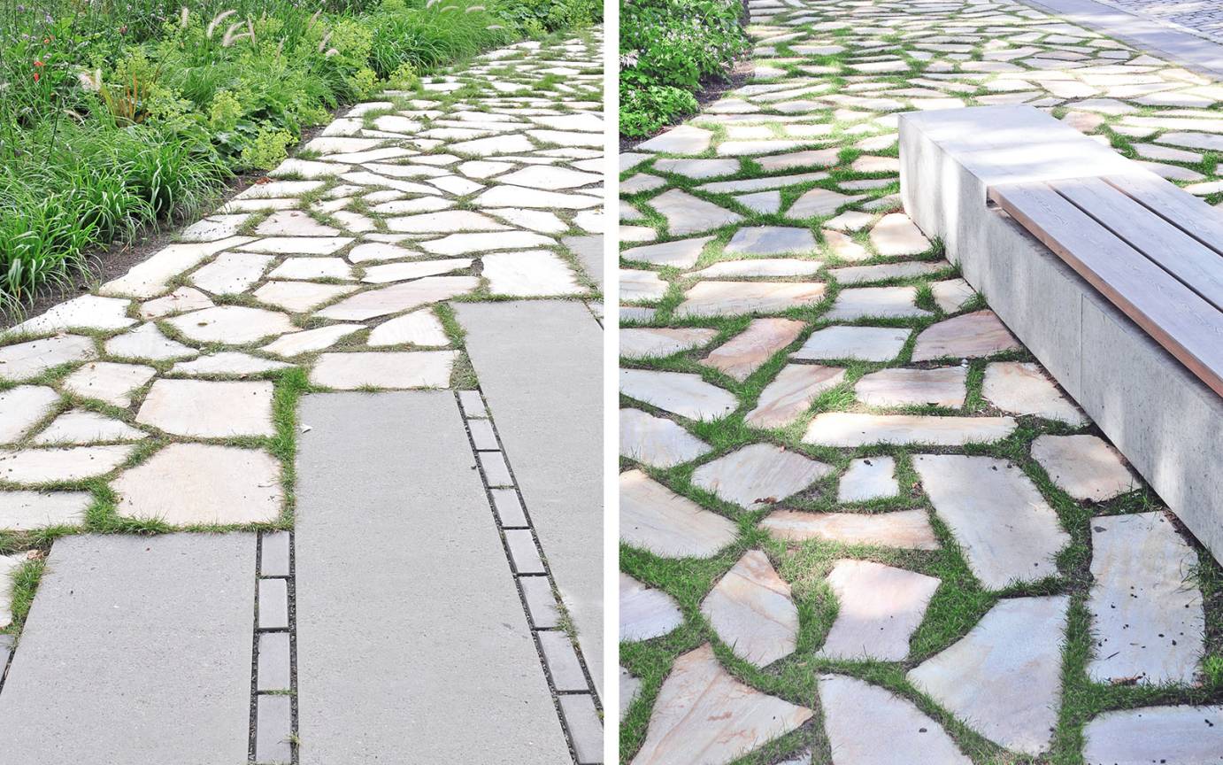 Museumsachse Harburg Betonschwellen mit Klinkerb&auml;ndern und polygonale Natursteinplatten Rasenfugen Bodenbelag Garten