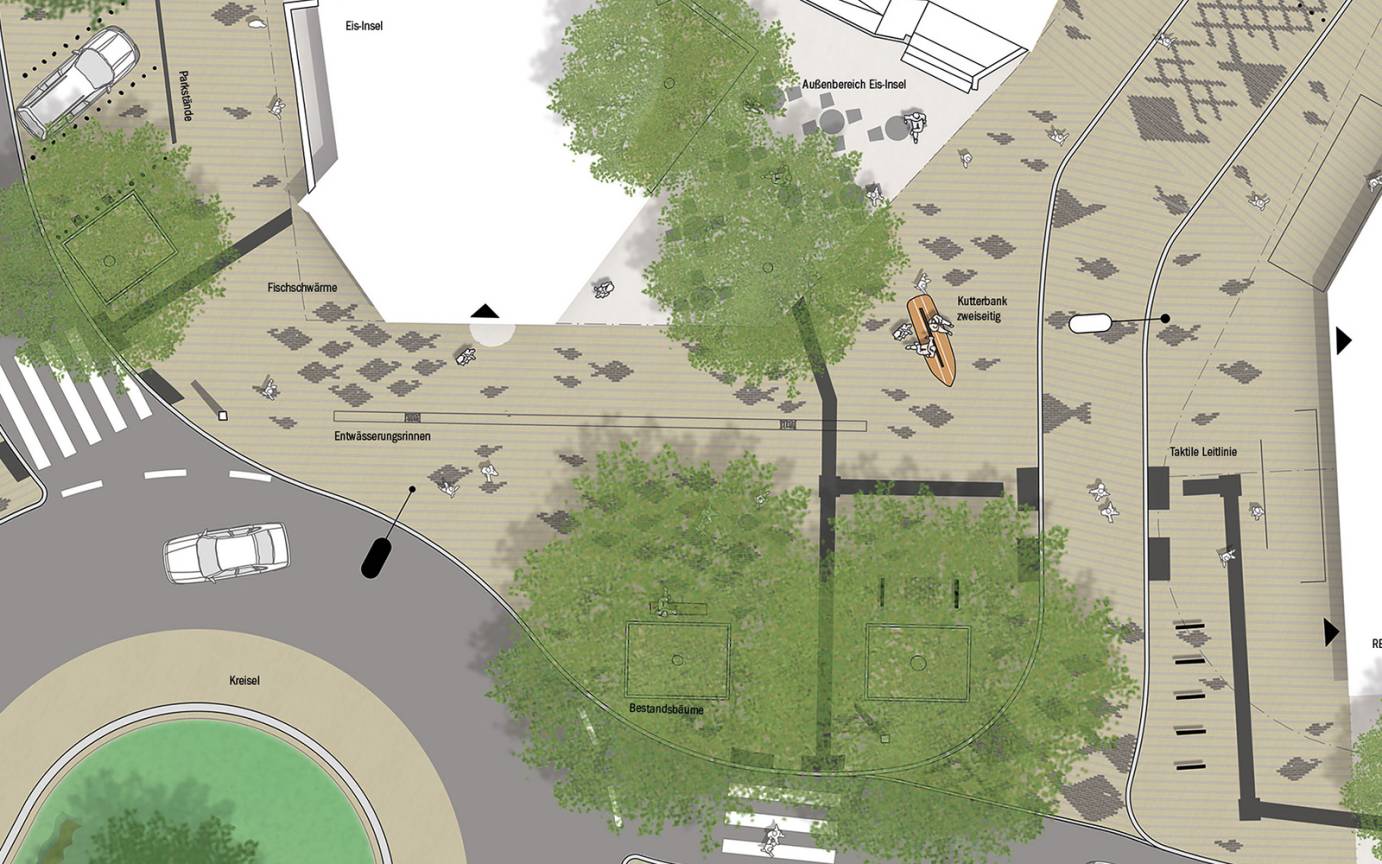 Steendiek Finkenwerder Eisdiele Vorplatz Fischintarsien Netzintarsien