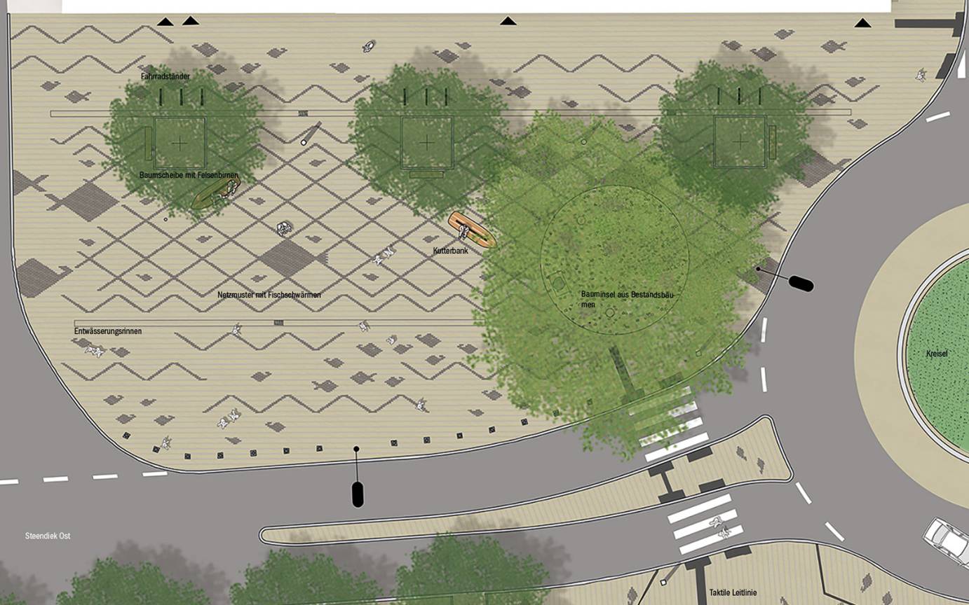 Steendiek Finkenwerder Platzfl&auml;che Fischintarsien Netzintarsien