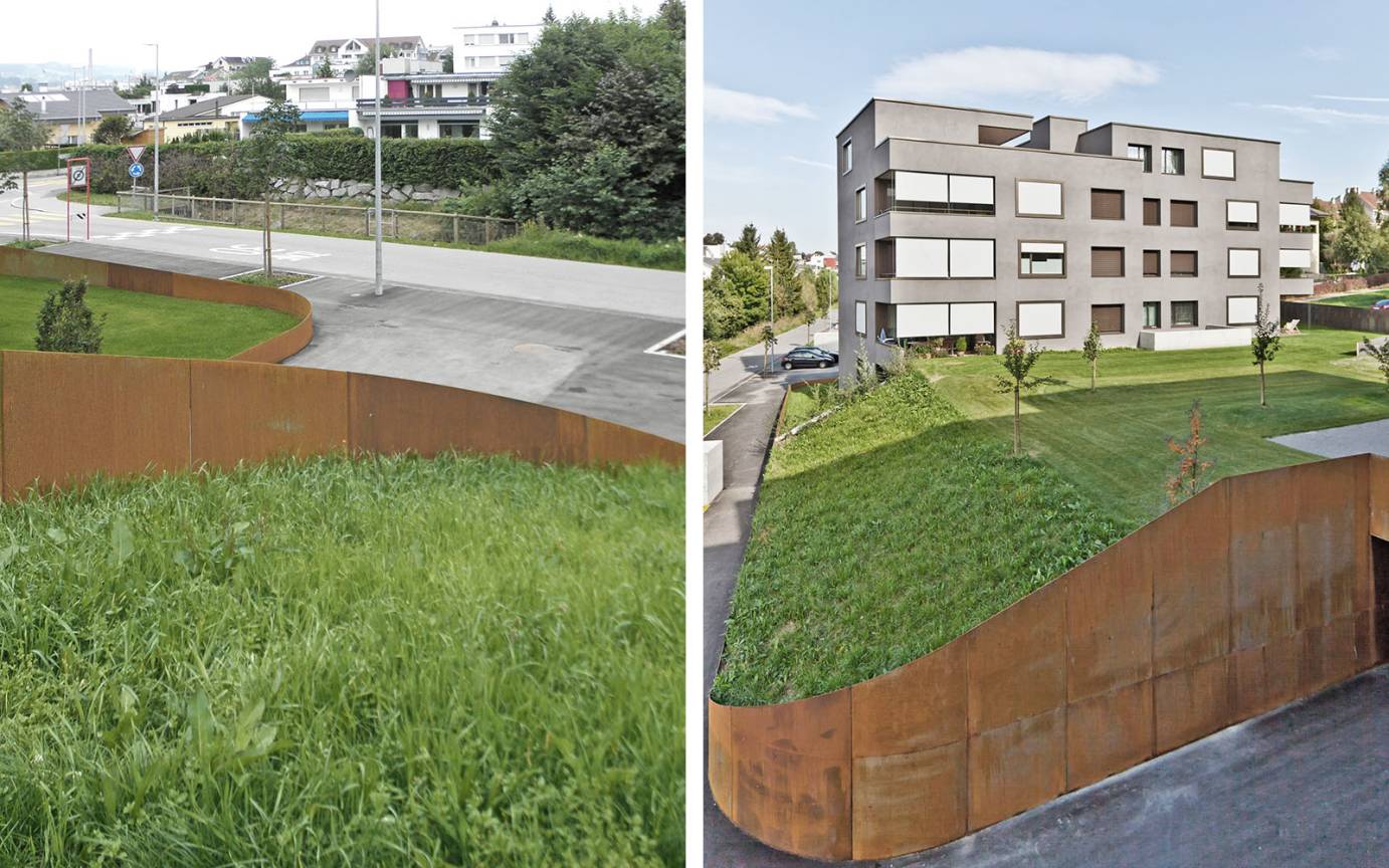 Wohnanlage Bachm&auml;ttli Hangperpektive Gestaltung St&uuml;tzw&auml;nde