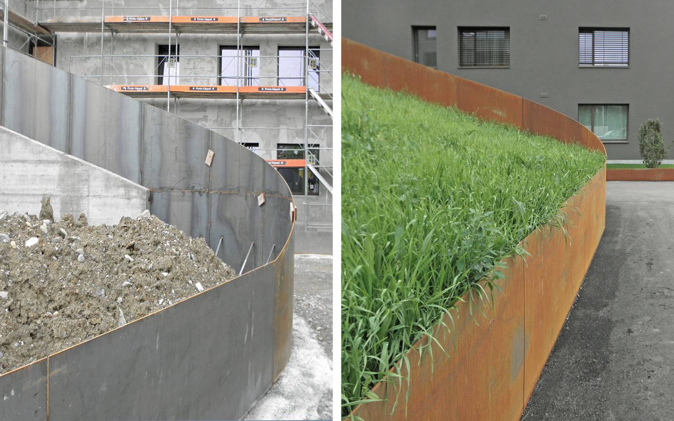 Wohnanlage Bachm&auml;ttli Cortenstahlwand Bau Fertigstellung