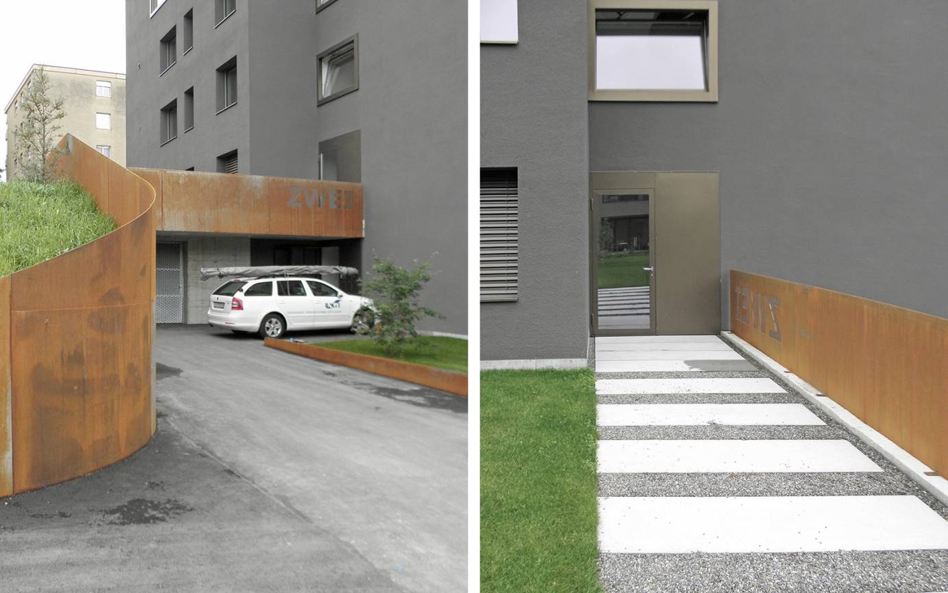 Wohnanlage Bachm&auml;ttli Detail Cortenstahl Hausnummer