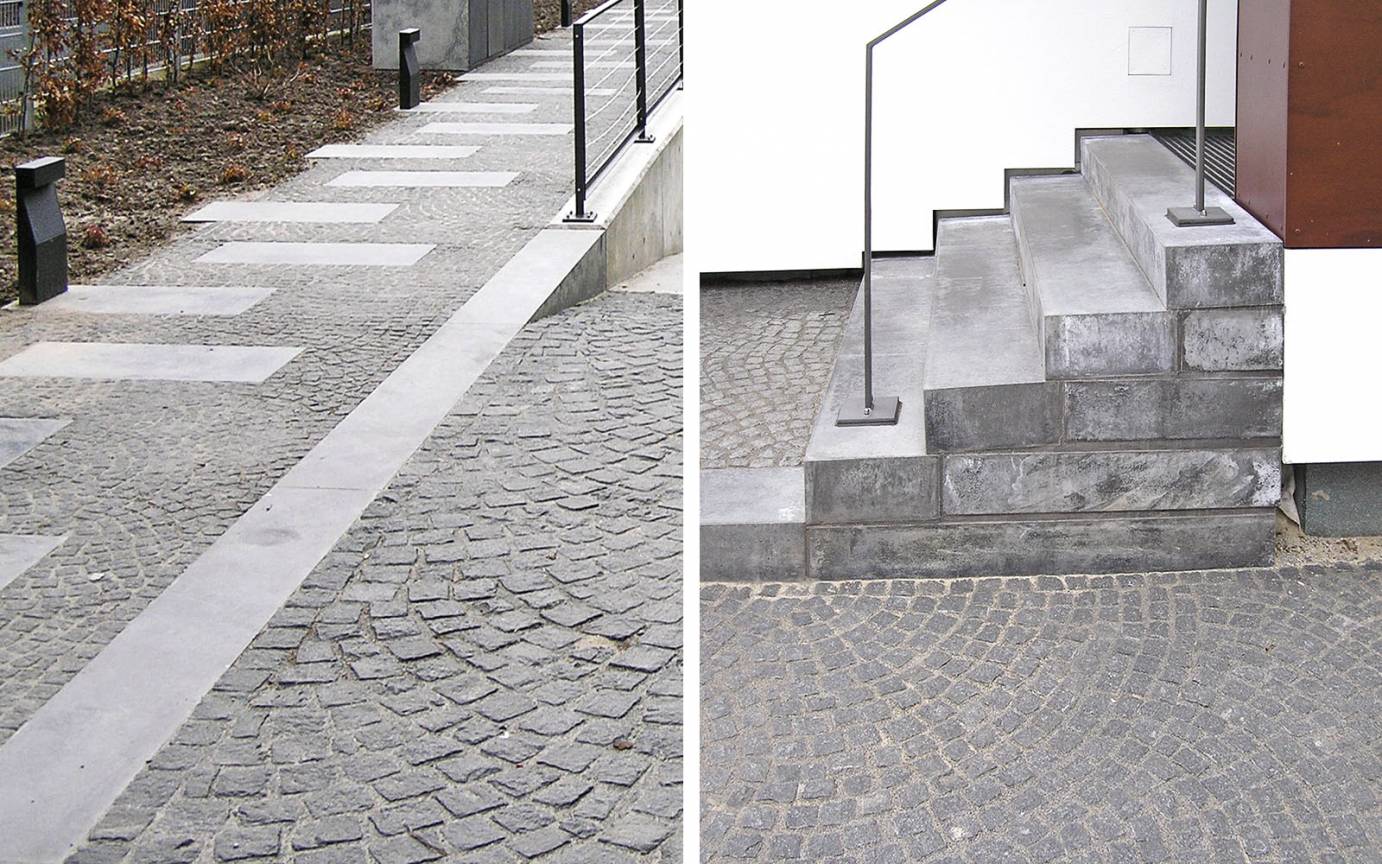 Elbchaussee Schrittplatten Beton Basalt Mosaikpflaster Betonblockstufen Gebäudeeingang