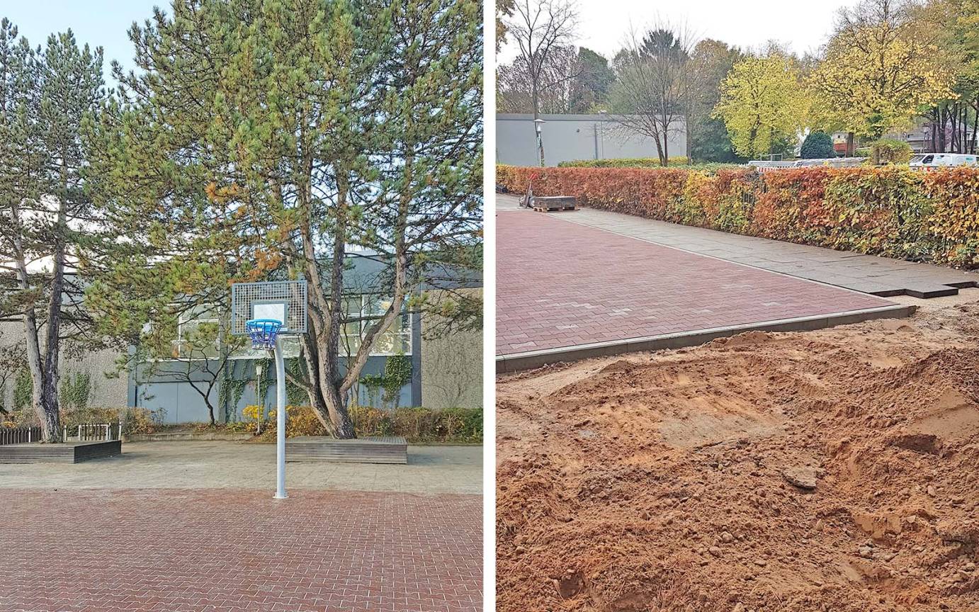 Johannes Brahms Gymnsaium Bauarbeiten Basketballfeld Fallschutz Verbundpflaster