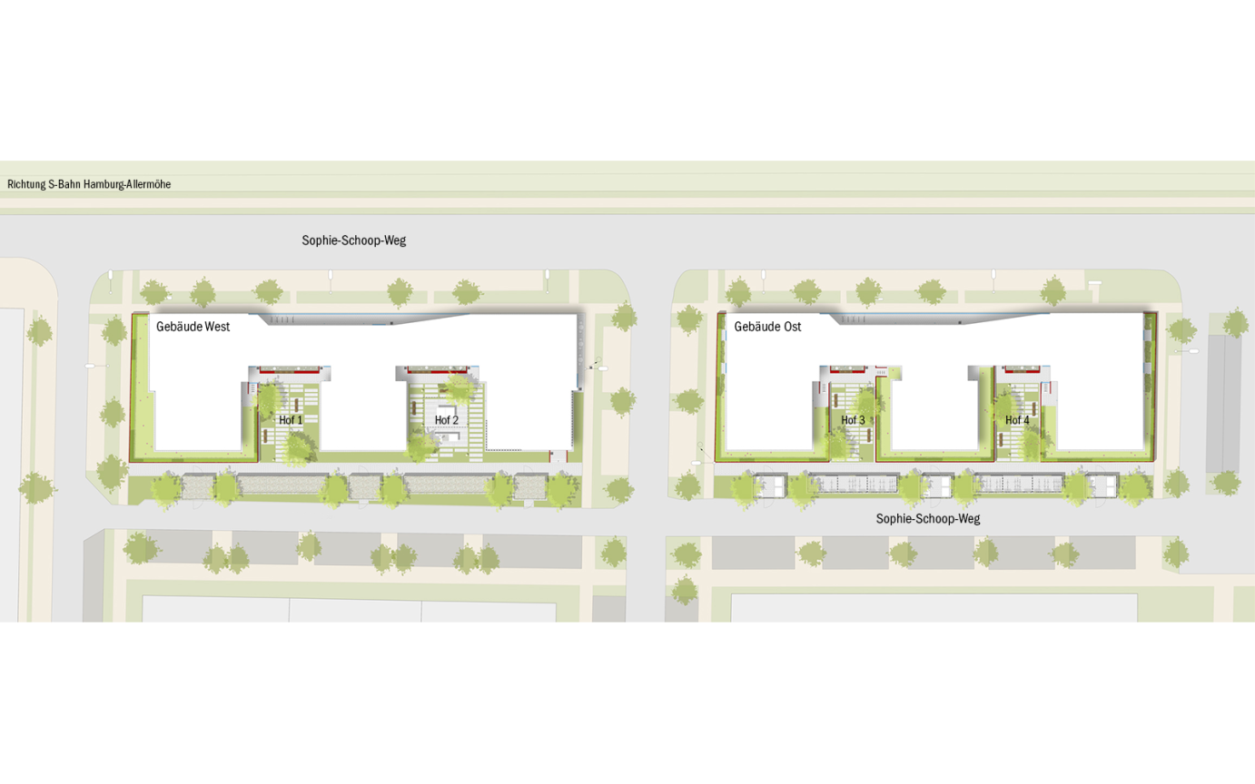 Sophie-Schoop-Weg Lageplan Entwurf Geb&auml;udeensembles West Ost