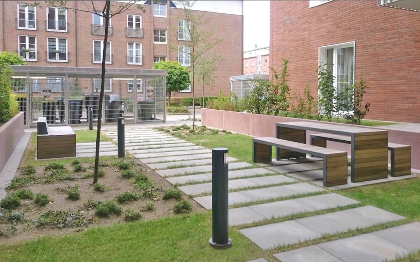 Sophie-Schoop-Weg Hofgestaltung Sitzgruppe M&uuml;lleinhausung