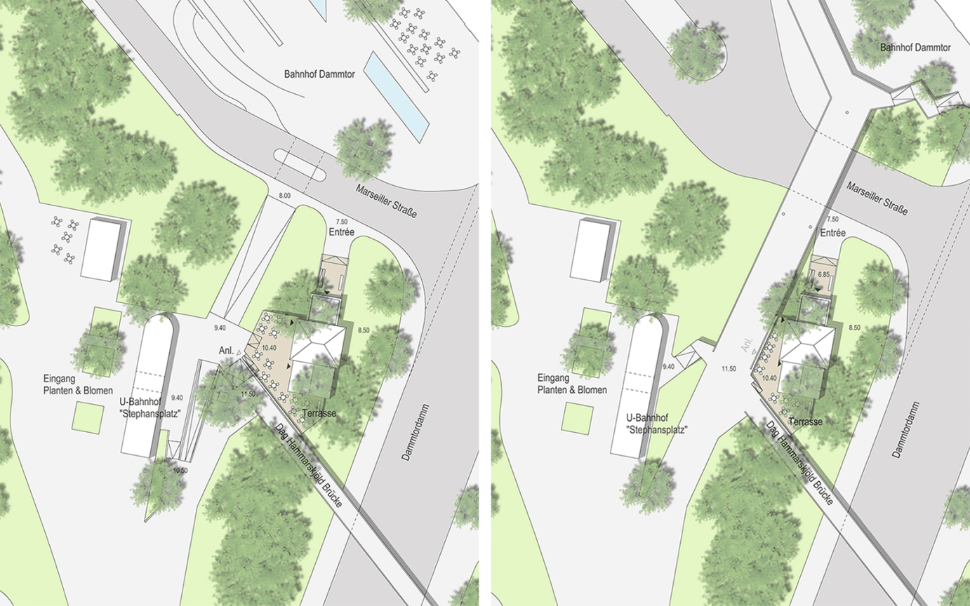 Alte Wache Dammtordamm Lagepl&auml;ne Entwurf Abbruch Fu&szlig;g&auml;ngerbr&uuml;cke Ma&szlig;stab 1 : 500