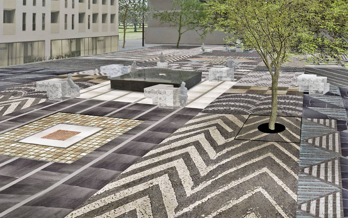 Bauhausplatz M&uuml;nchen Fu&szlig;g&auml;ngerperspektive Norden