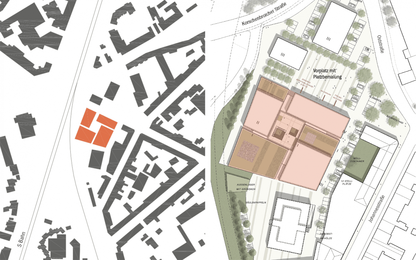 Berufsbildungszentrum Mönchengladbach Schwarzplan Maßstab 2500 Lageplan Entwurf Maßstab 500