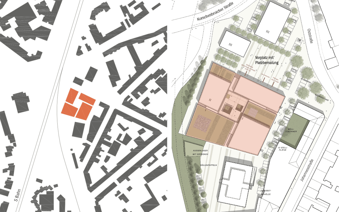 Berufsbildungszentrum M&ouml;nchengladbach Schwarzplan Ma&szlig;stab 2500 Lageplan Entwurf Ma&szlig;stab 500