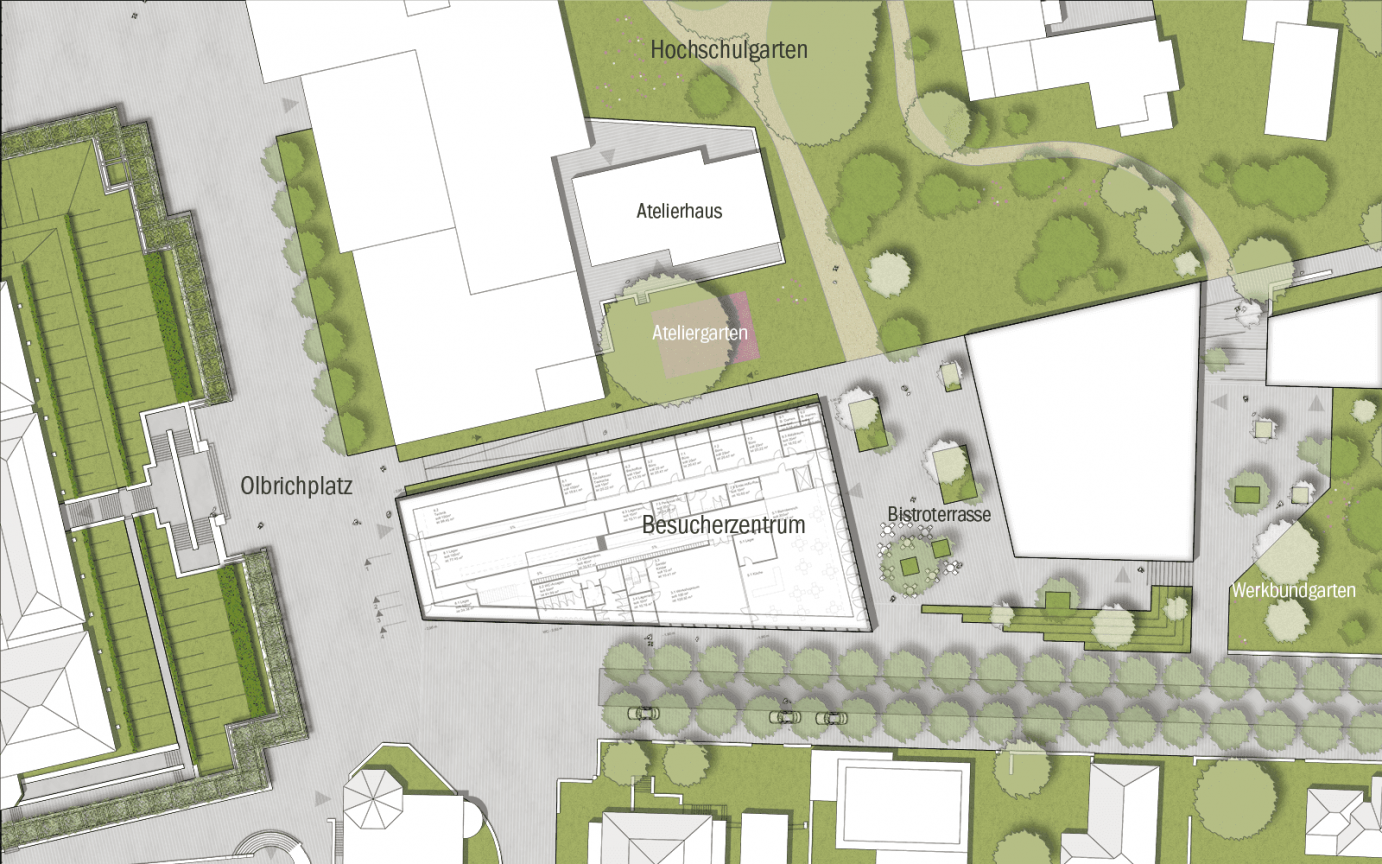 Besucherzentrum Mathildenhöhe Darmstadt Lageplan Entwurf Maßstab 200