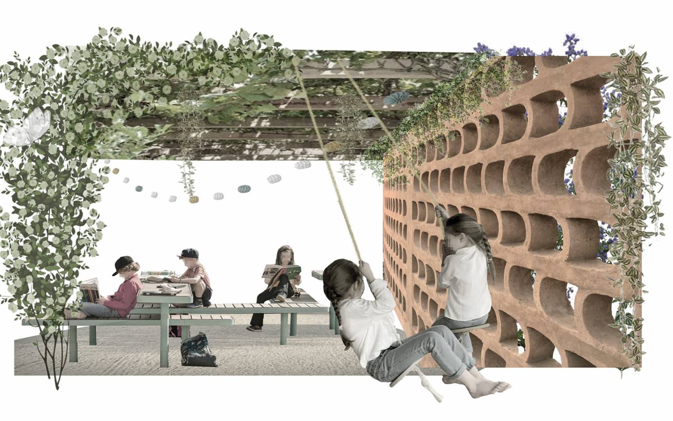 Kita Giselbertstraße Pergola Lärmschutzwand Dachfläche