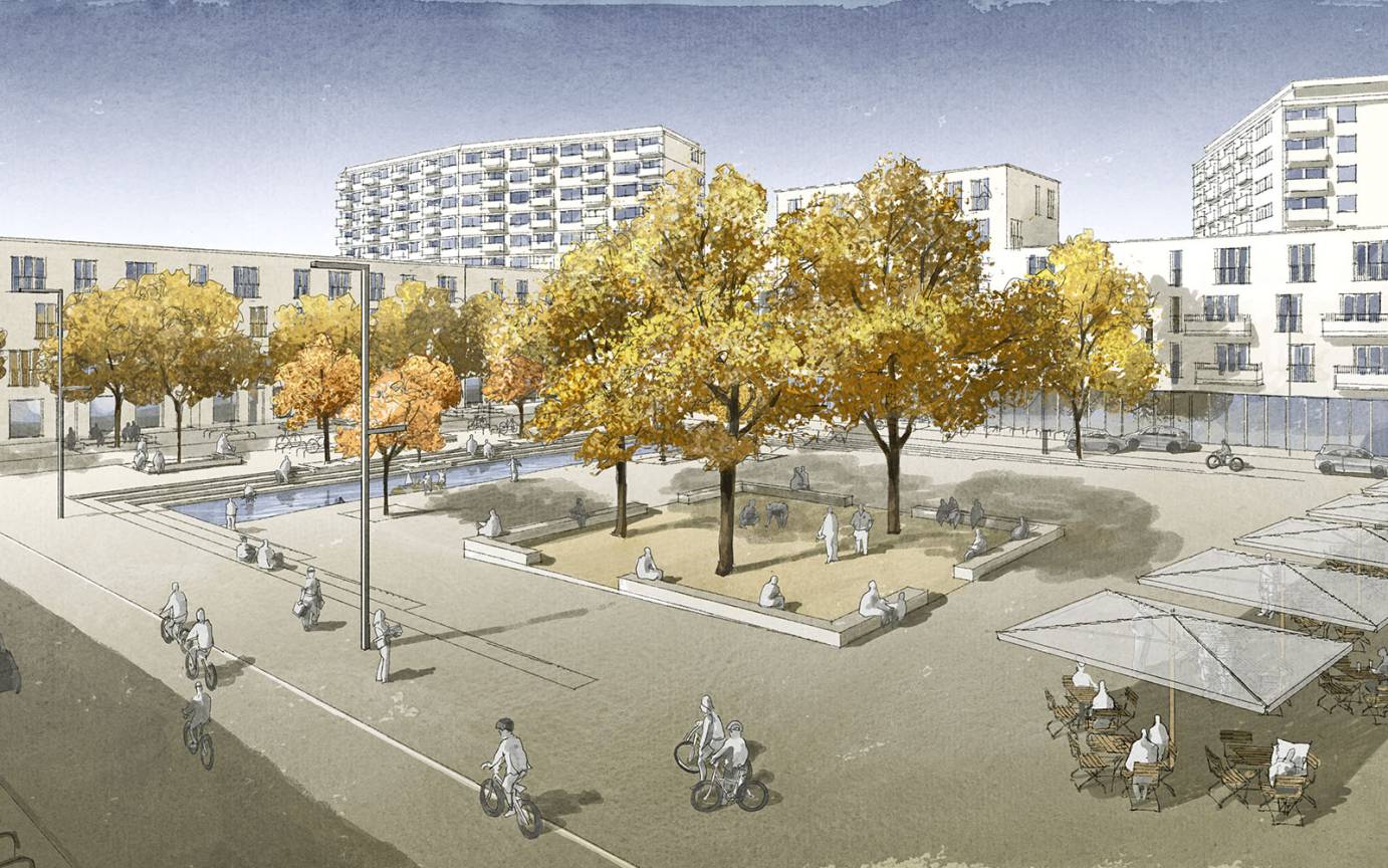 L&uuml;beck Moisling Stadteilplatz Sitzstufen Retentionsbecken