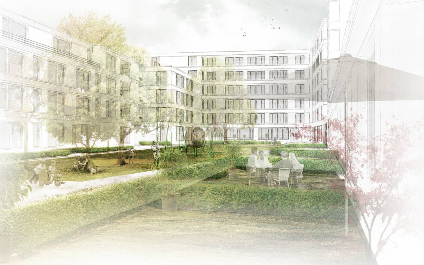 Podbielskistra&szlig;e Hannover Ansicht Innenhof Kinderspielfl&auml;che Baumbestand Buchenhecken Bl&uuml;tenstr&auml;uchern