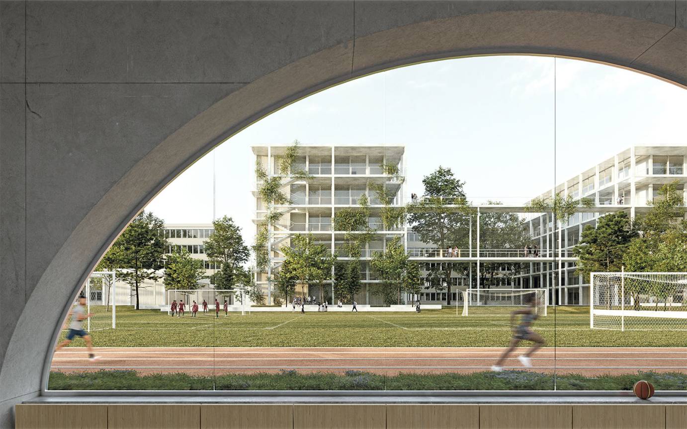 Schulzentrum Sandinostra&szlig;e Berlin Lichtenberg Blick Sporthalle Sportfreifl&auml;chen