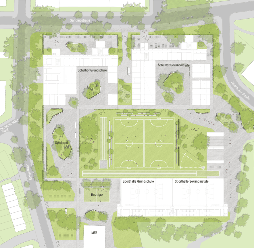 Schulzentrum Sandinostra&szlig;e Berlin Lichtenberg Lageplan Entwurf Ma&szlig;stab 200